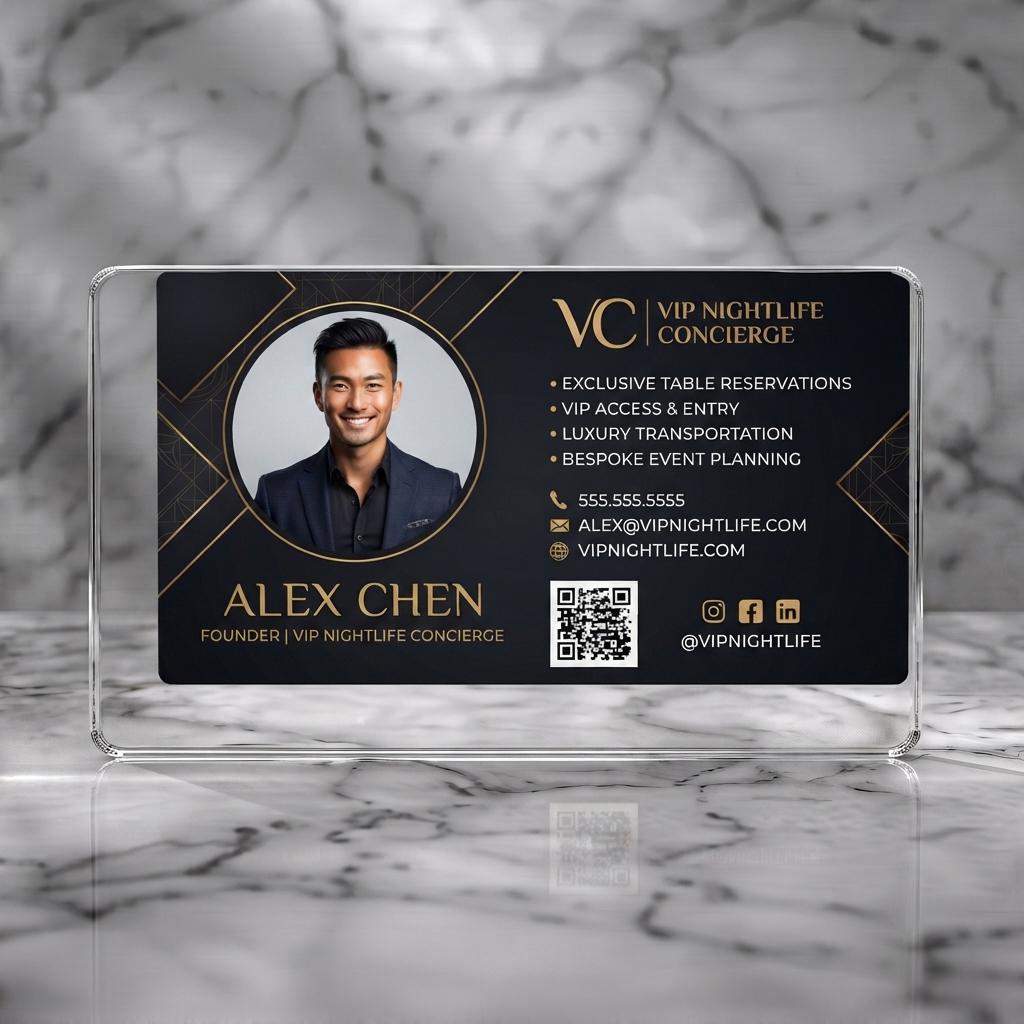 Clear plastic business card featuring luxurious black and gold design with elegant typography, geometric patterns, a professional photo, and social icons