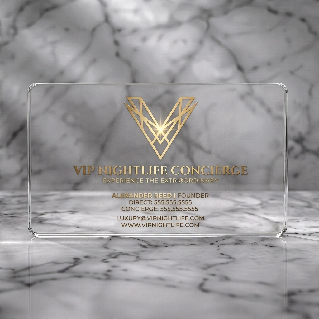 Clear plastic business card featuring a luxurious black and gold design with an elegant geometric V logo and sophisticated typography