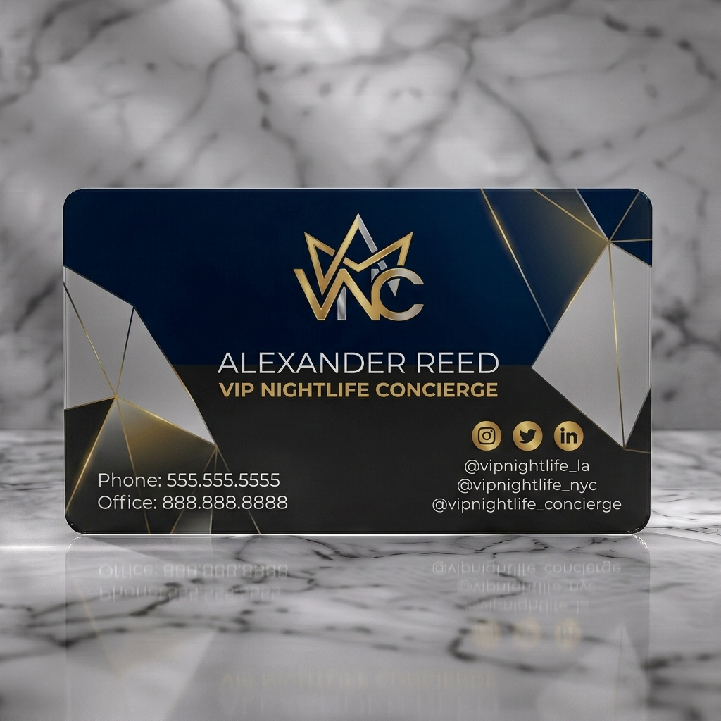Frosted translucent plastic business card featuring a dark, luxurious geometric design with metallic gold accents, a VNC monogram, and modern typography