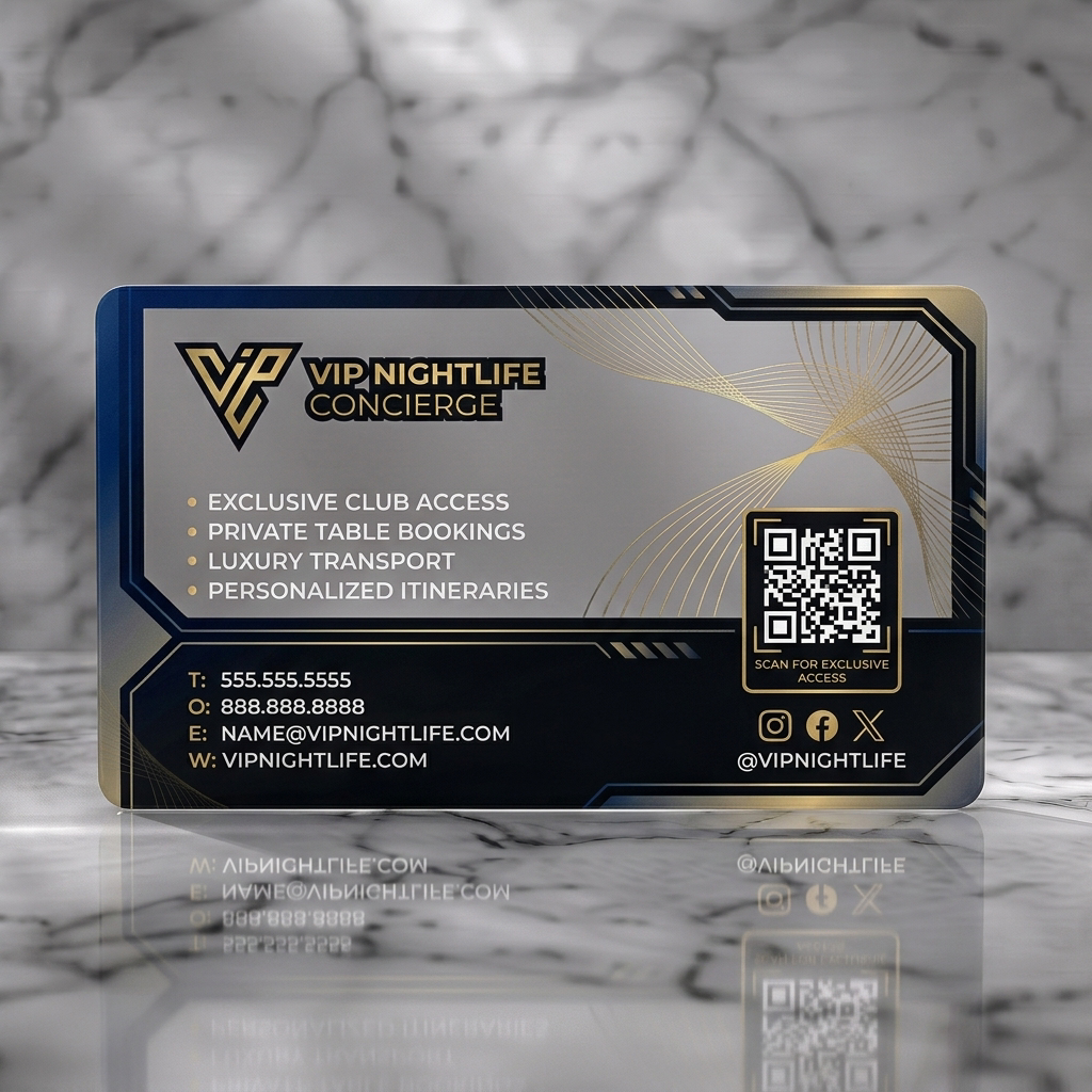 Frosted translucent plastic business card featuring a sleek dark design with gold accents, geometric lines, modern sans-serif fonts, and social icons