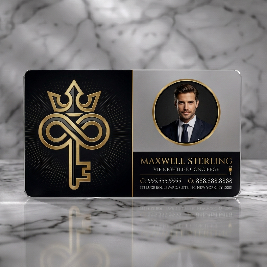 Frosted translucent plastic business card featuring an elegant black & gold design with a crown-key logo, serif typography, and profile photo