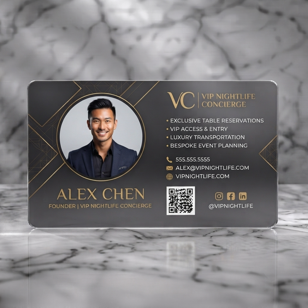 Frosted translucent plastic business card featuring luxurious black and gold design with elegant typography, geometric patterns, a professional photo, and social icons