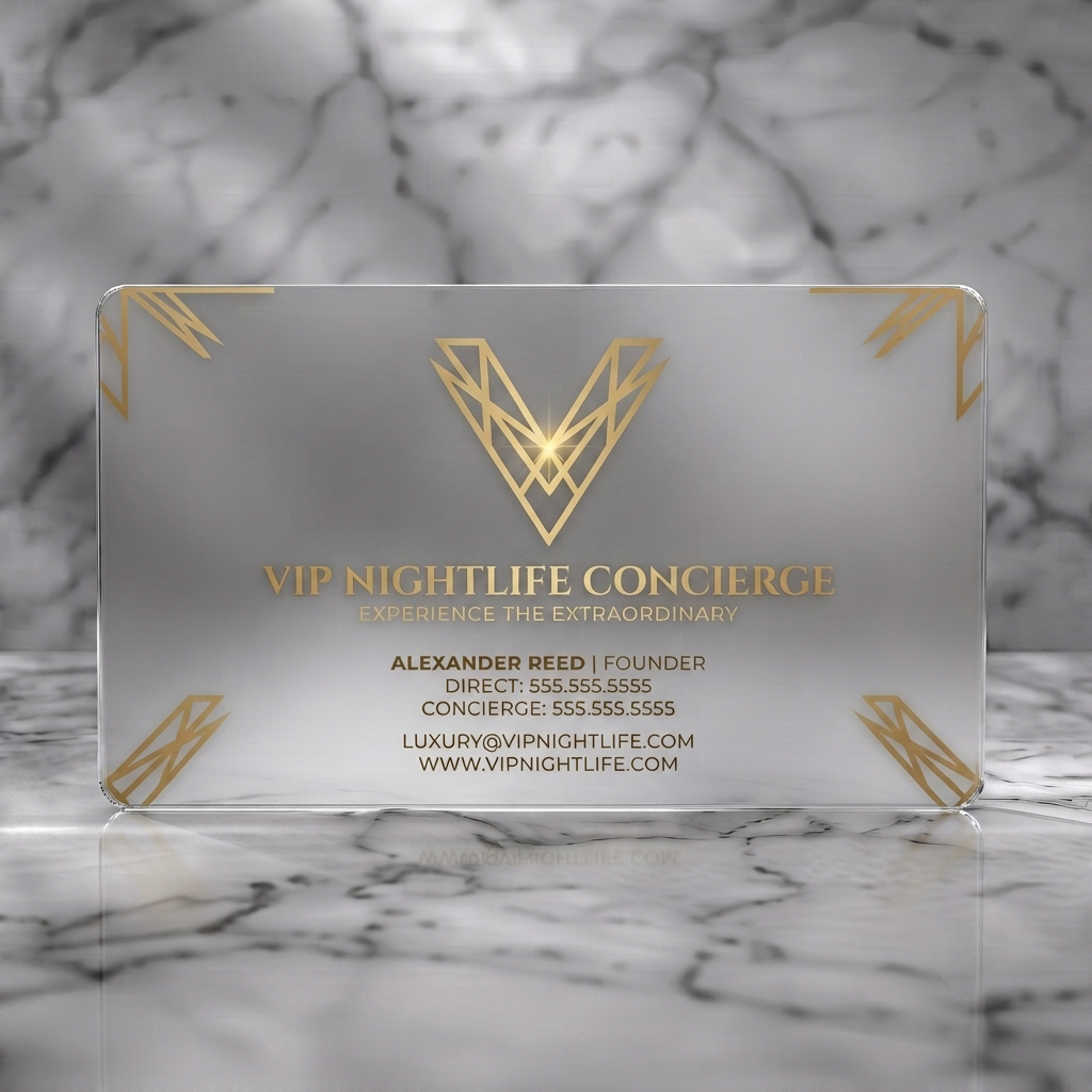 Frosted translucent plastic business card featuring a luxurious black and gold design with an elegant geometric V logo and sophisticated typography
