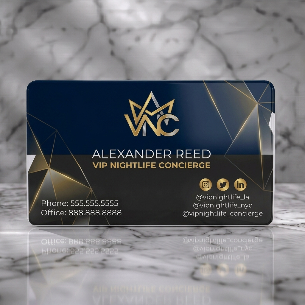 Solid white PVC business card featuring a dark, luxurious geometric design with metallic gold accents, a VNC monogram, and modern typography