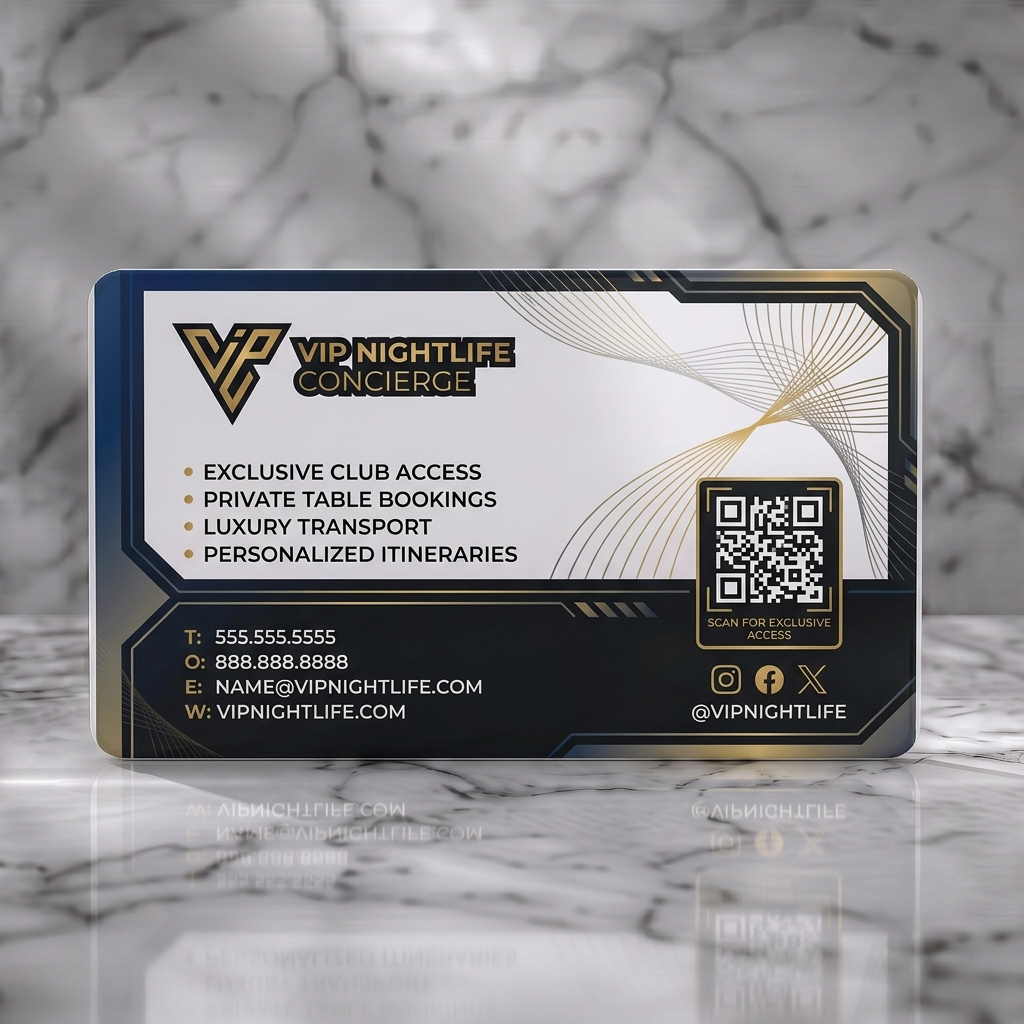Solid white PVC business card featuring a sleek dark design with gold accents, geometric lines, modern sans-serif fonts, and social icons