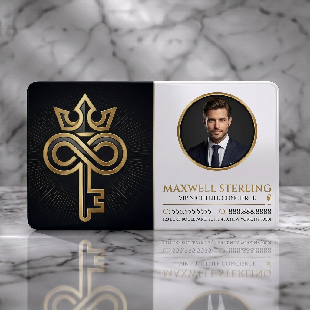 Solid white PVC business card featuring an elegant black & gold design with a crown-key logo, serif typography, and profile photo
