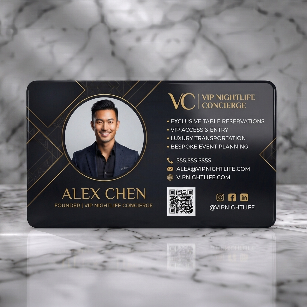 Solid white PVC business card featuring luxurious black and gold design with elegant typography, geometric patterns, a professional photo, and social icons