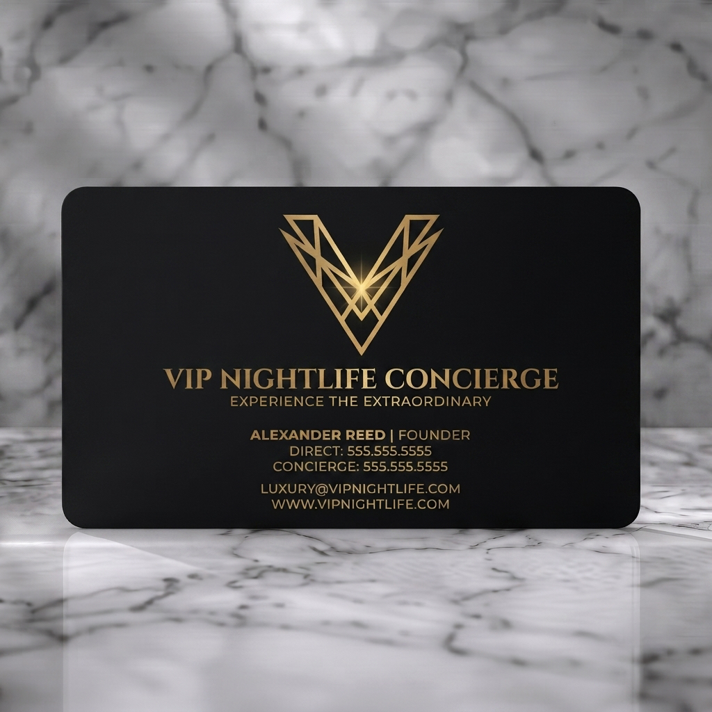 Solid white PVC business card featuring a luxurious black and gold design with an elegant geometric V logo and sophisticated typography