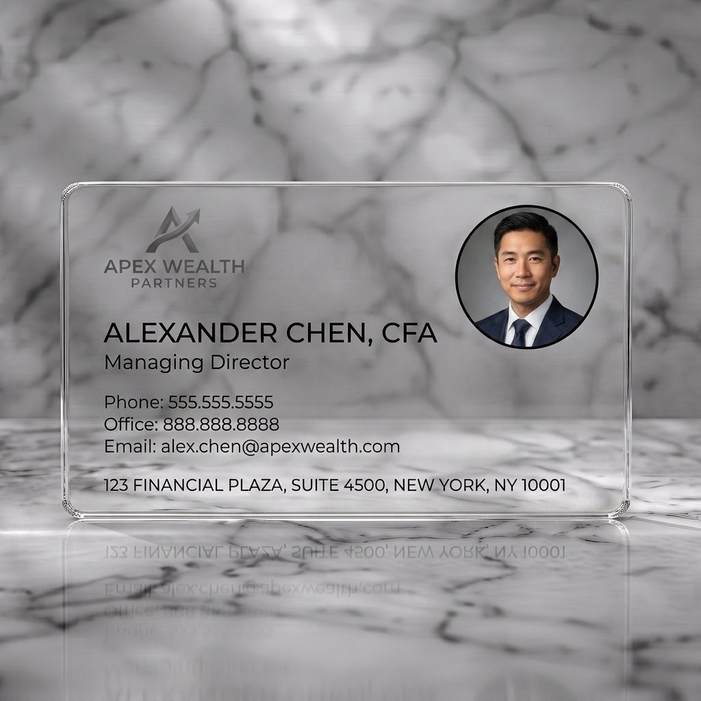 Clear plastic business card featuring minimalist gray typography, upward arrow logo, and a professional circular headshot