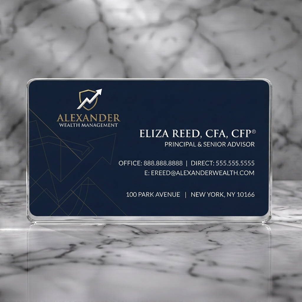 Clear plastic business card featuring sophisticated navy and gold design with crisp typography, geometric lines, and a financial growth icon