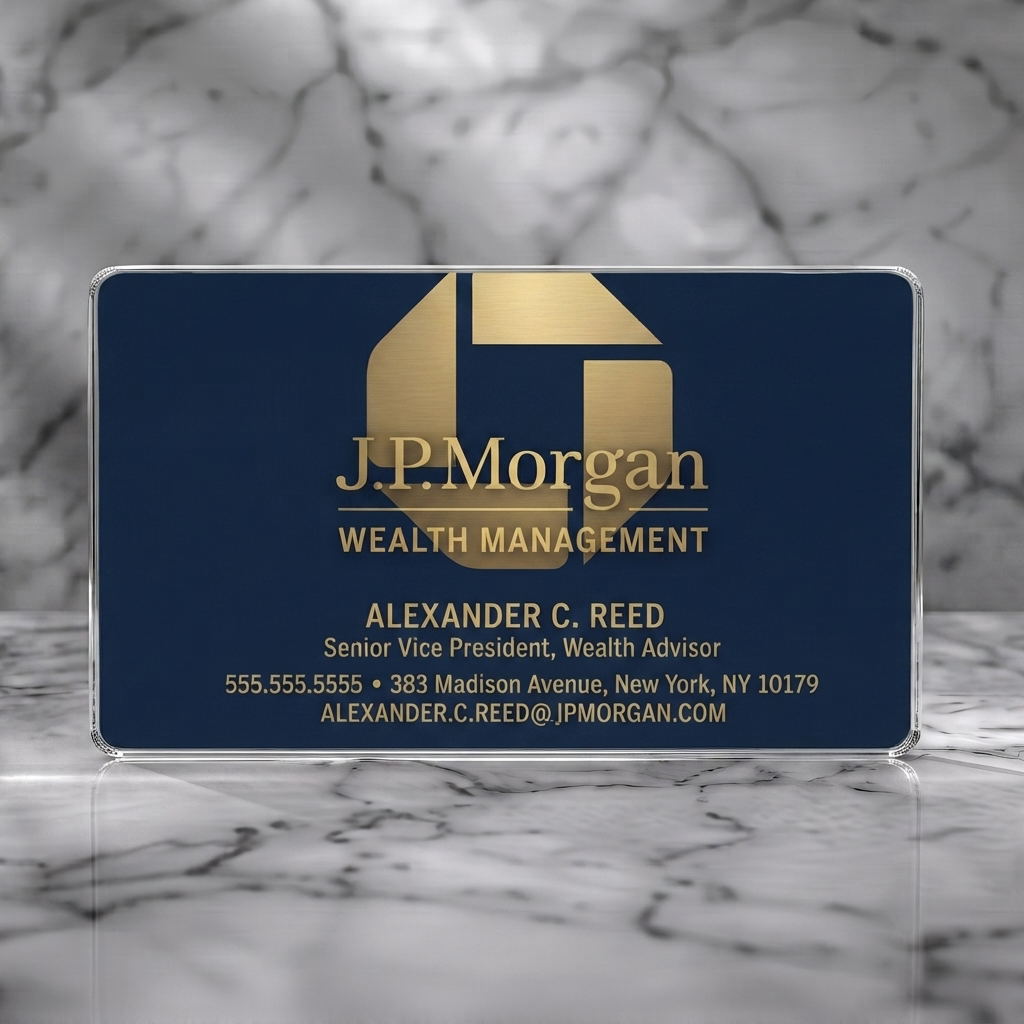 Clear plastic business card featuring sophisticated navy and gold design, abstract corporate logo, serif and sans-serif typography