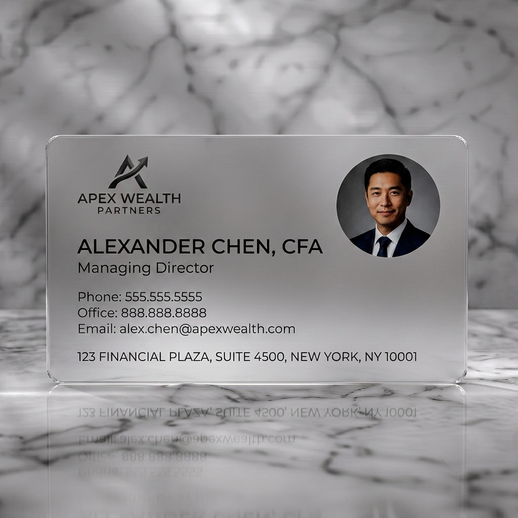 Frosted translucent plastic business card featuring minimalist gray typography, upward arrow logo, and a professional circular headshot