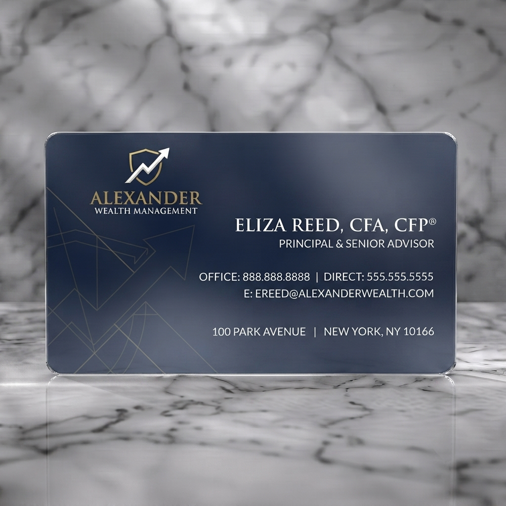 Frosted translucent plastic business card featuring sophisticated navy and gold design with crisp typography, geometric lines, and a financial growth icon