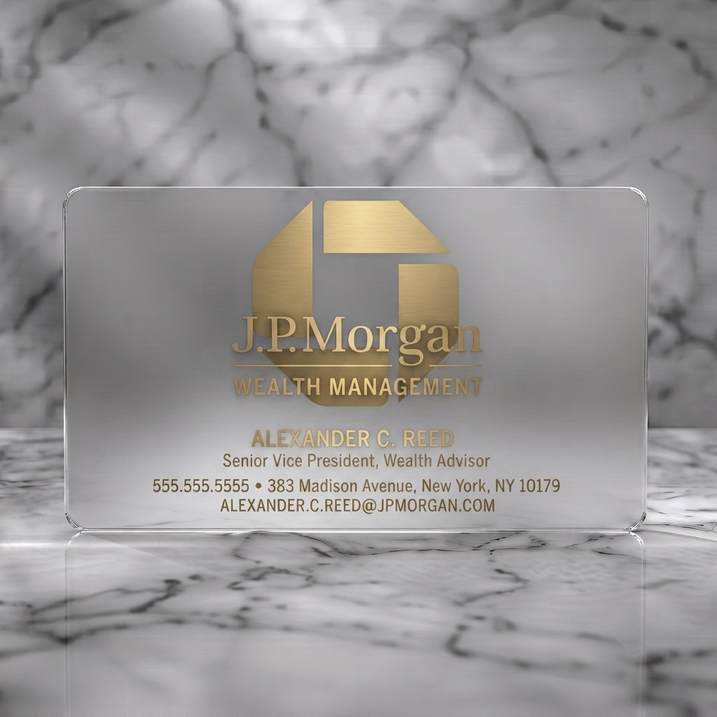 Frosted translucent plastic business card featuring sophisticated navy and gold design, abstract corporate logo, serif and sans-serif typography
