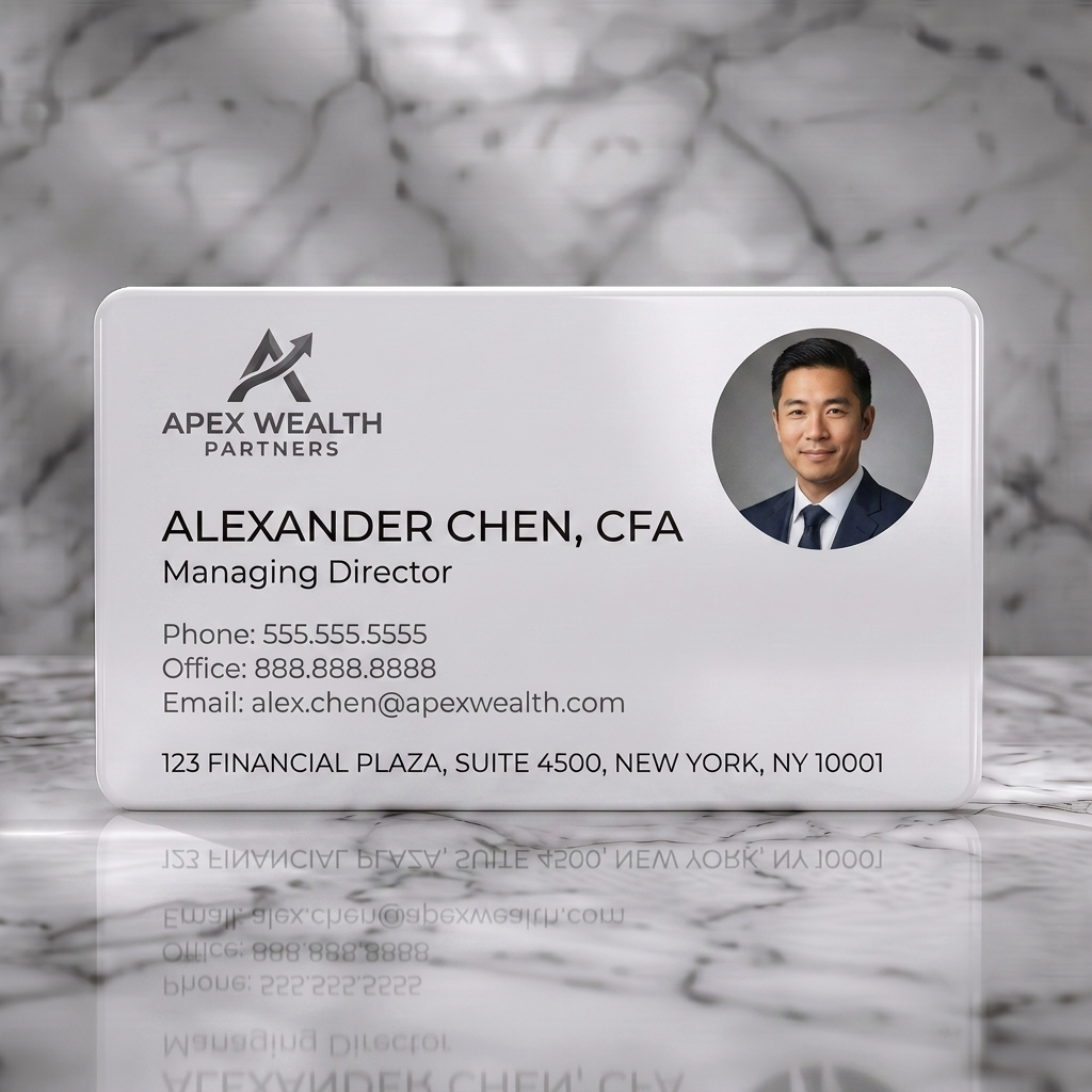 Solid white PVC business card featuring minimalist gray typography, upward arrow logo, and a professional circular headshot