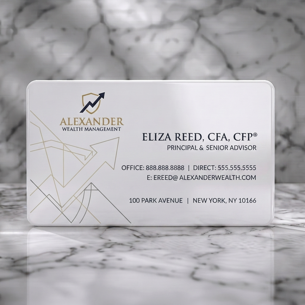 Solid white PVC business card featuring sophisticated navy and gold design with crisp typography, geometric lines, and a financial growth icon