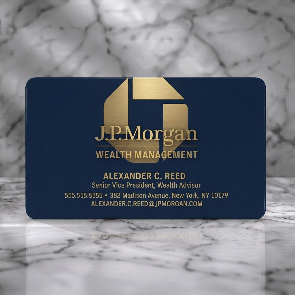 Solid white PVC business card featuring sophisticated navy and gold design, abstract corporate logo, serif and sans-serif typography