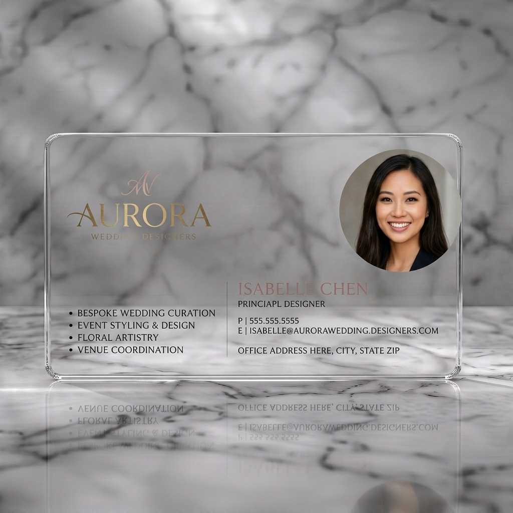 Clear plastic business card featuring elegant, minimalist design with gold and blush branding, modern typography, and a professional circular headshot
