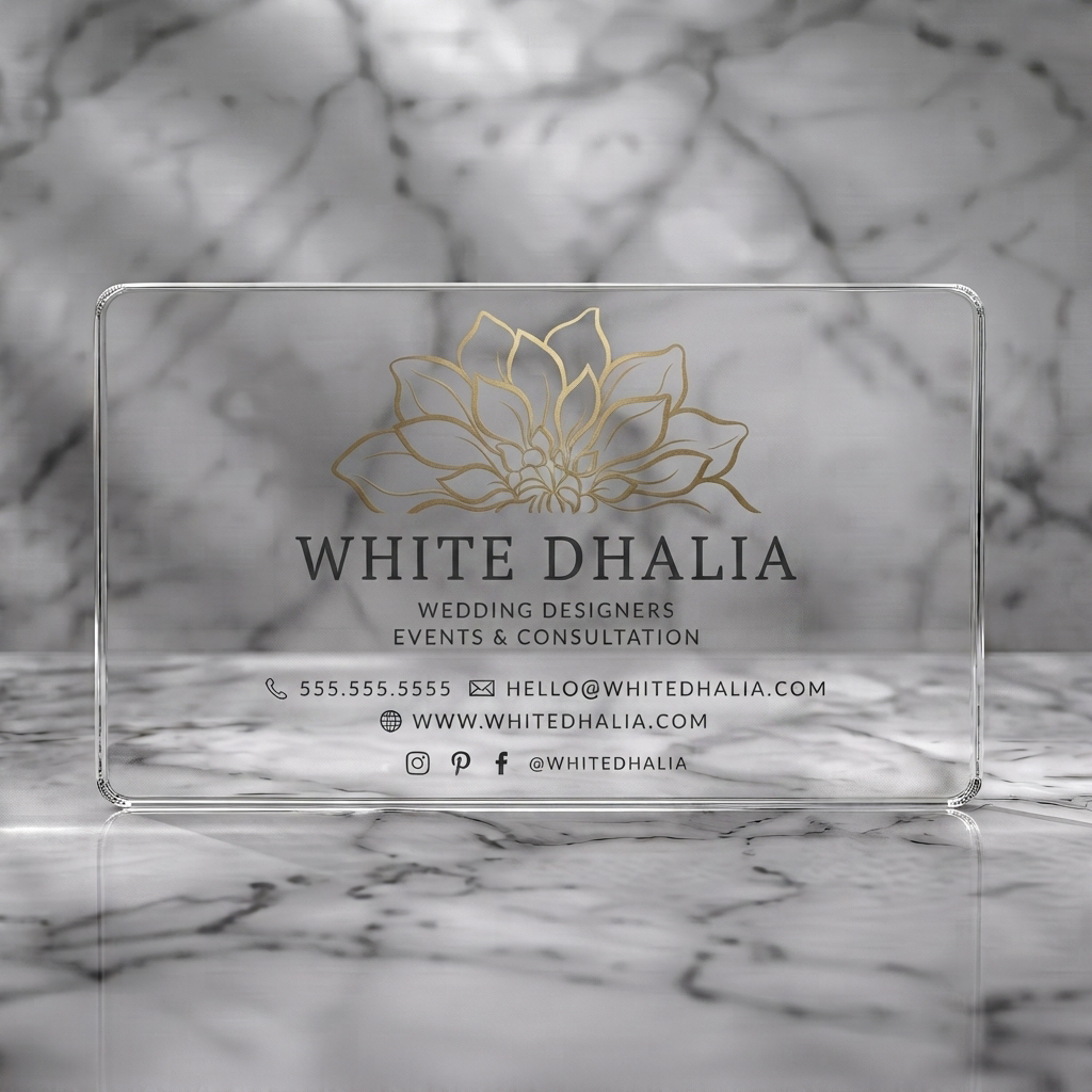 Clear plastic business card featuring gold dahlia flower logo, elegant dark typography, and minimalist contact icons on a cream card