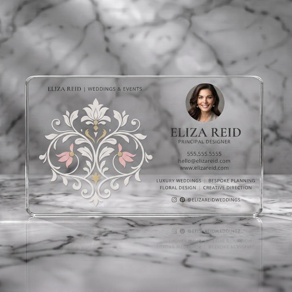 Clear plastic business card featuring elegant cream card with embossed floral pattern, charcoal text, gold/pink accents, and social icons