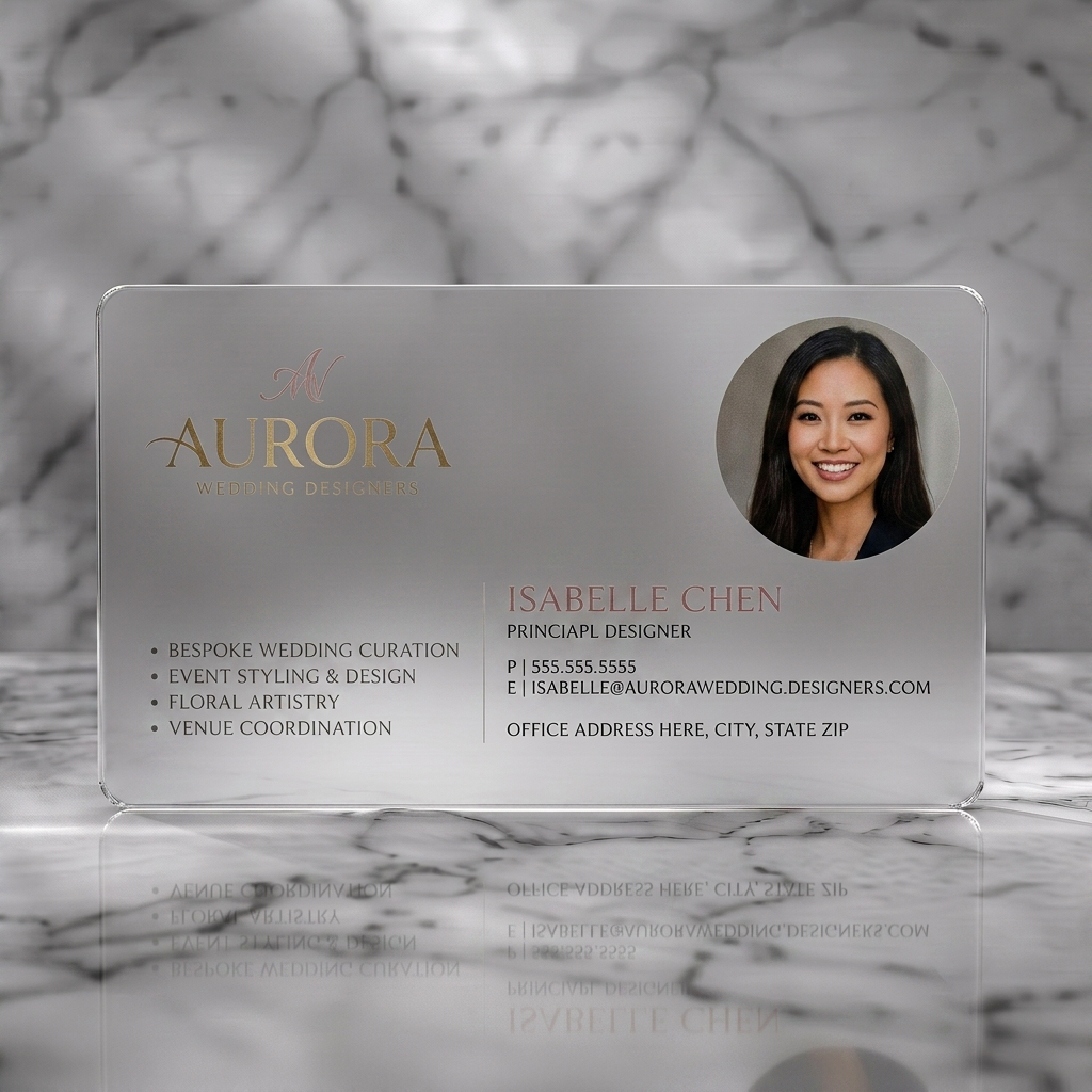 Frosted translucent plastic business card featuring elegant, minimalist design with gold and blush branding, modern typography, and a professional circular headshot