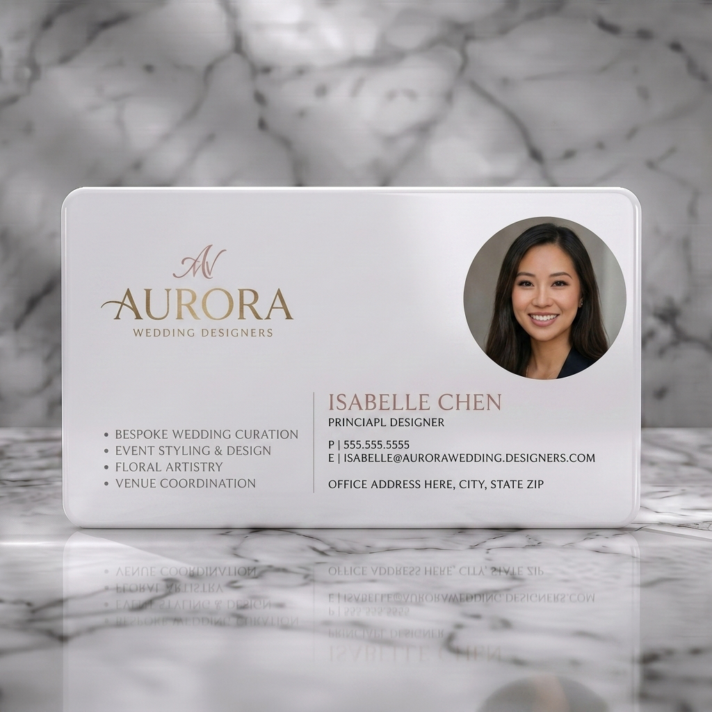 Solid white PVC business card featuring elegant, minimalist design with gold and blush branding, modern typography, and a professional circular headshot