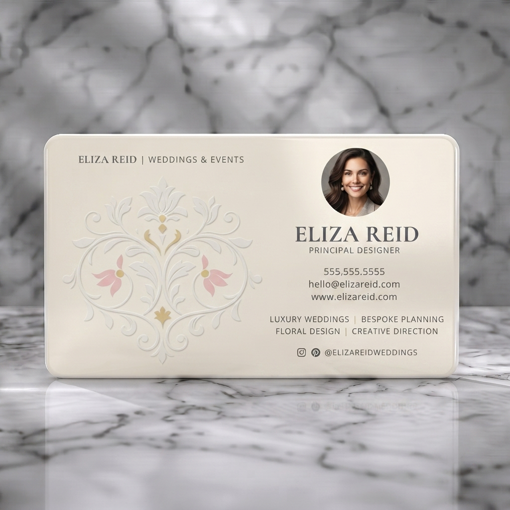 Solid white PVC business card featuring elegant cream card with embossed floral pattern, charcoal text, gold/pink accents, and social icons
