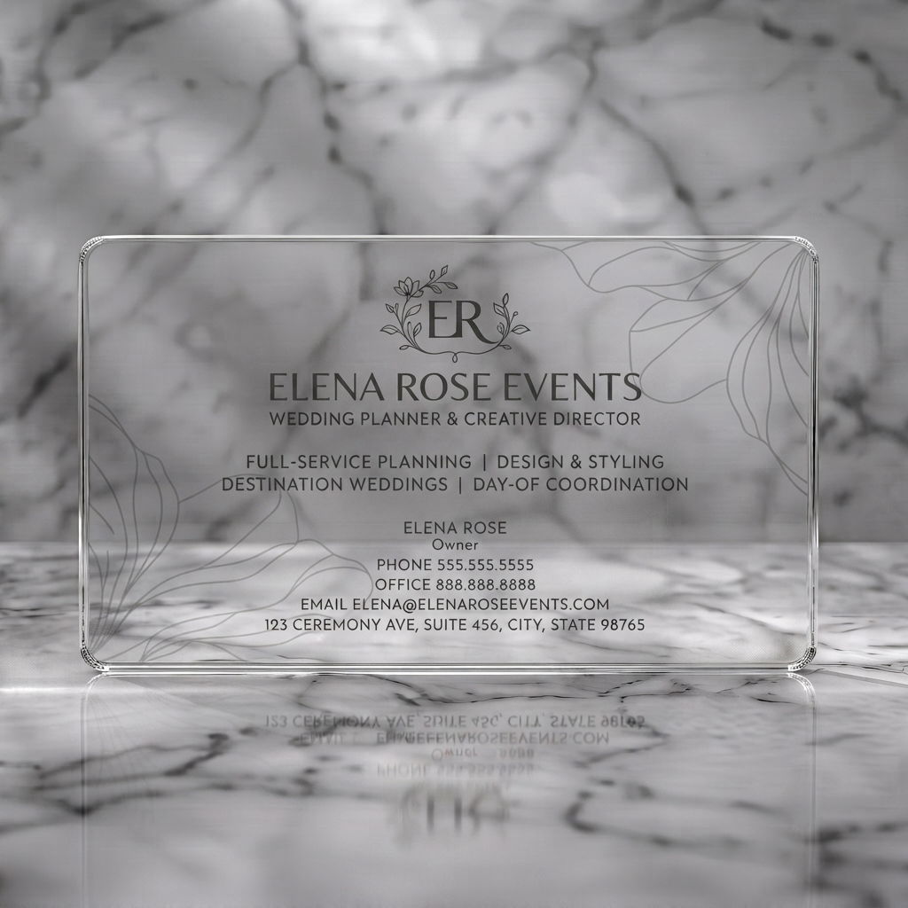 Clear plastic business card featuring an elegant floral monogram, sophisticated serif and sans-serif typography, and a refined cream and charcoal palette