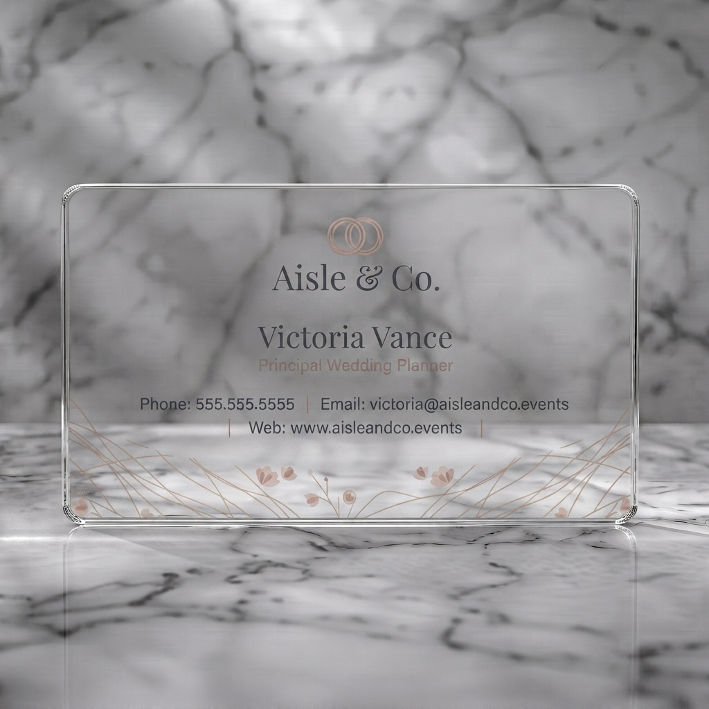 Clear plastic business card featuring elegant rose gold wedding rings, subtle floral graphics, and classic serif typography on cream