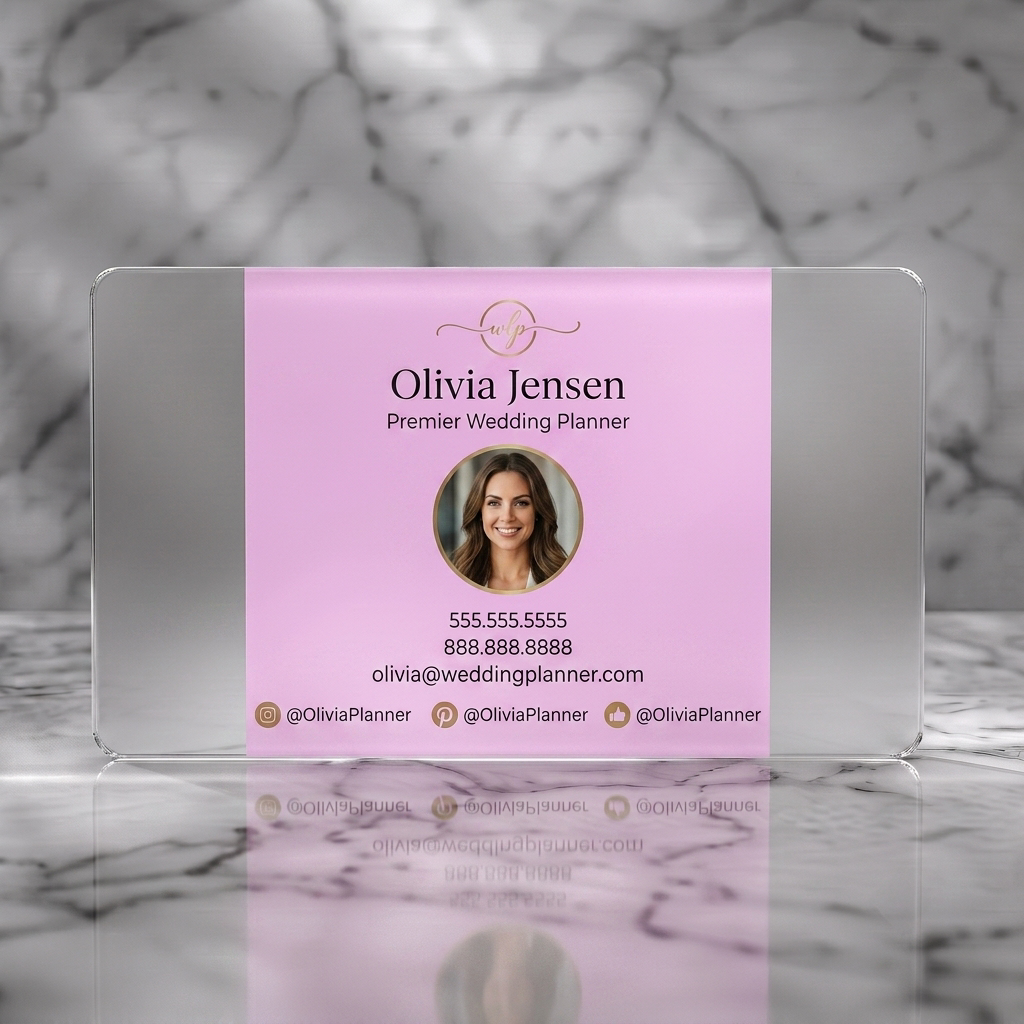 Frosted translucent plastic business card featuring an elegant, personalized design with a soft pink background, gold accents, modern typography, and social icons