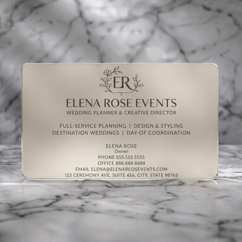 Frosted translucent plastic business card featuring an elegant floral monogram, sophisticated serif and sans-serif typography, and a refined cream and charcoal palette