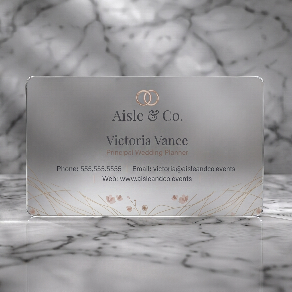 Frosted translucent plastic business card featuring elegant rose gold wedding rings, subtle floral graphics, and classic serif typography on cream