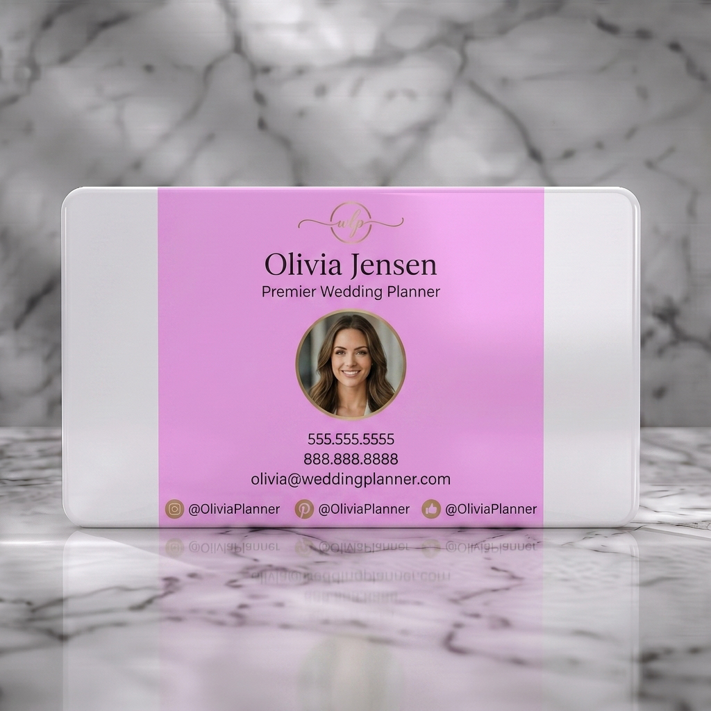 Solid white PVC business card featuring an elegant, personalized design with a soft pink background, gold accents, modern typography, and social icons