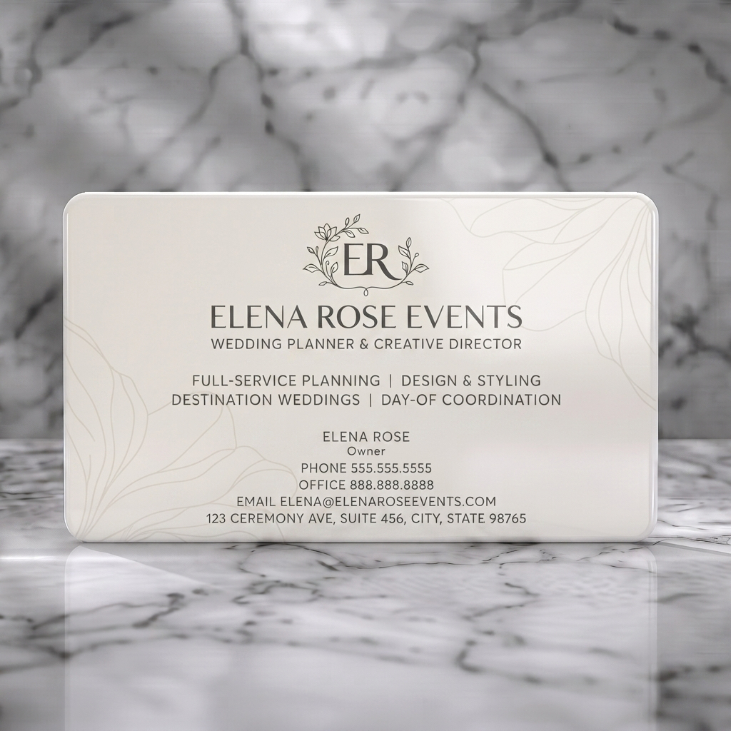 Solid white PVC business card featuring an elegant floral monogram, sophisticated serif and sans-serif typography, and a refined cream and charcoal palette
