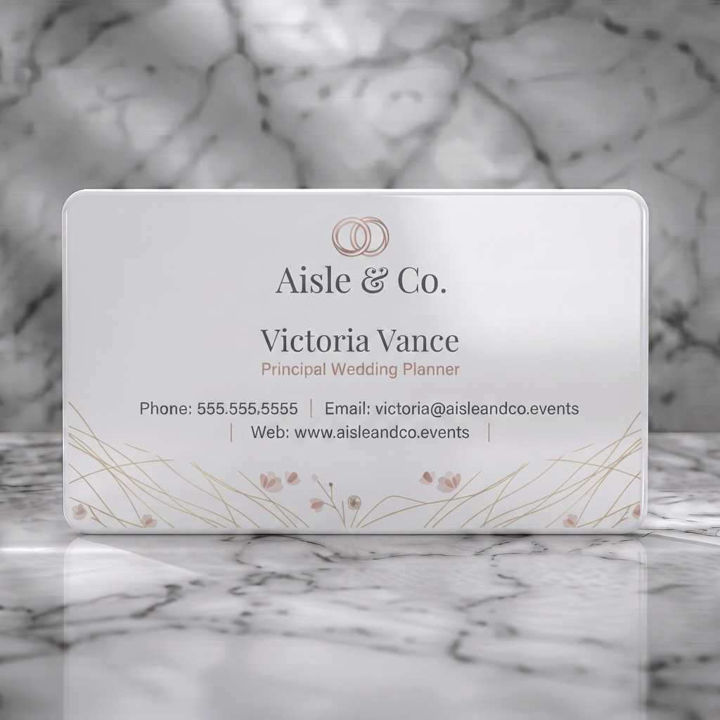 Solid white PVC business card featuring elegant rose gold wedding rings, subtle floral graphics, and classic serif typography on cream