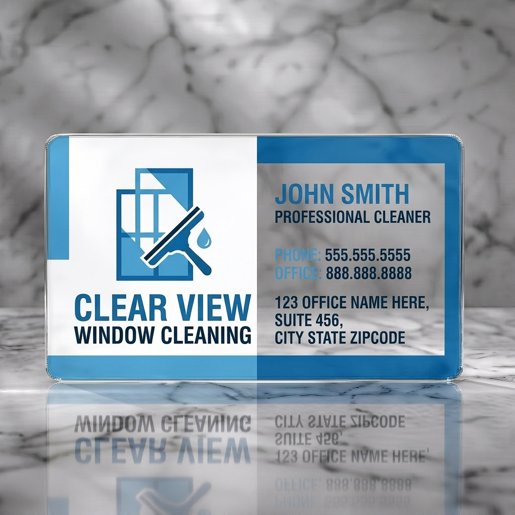 Clear plastic business card featuring modern, clean design with blue hues, window/squeegee icon, and clear sans-serif typography