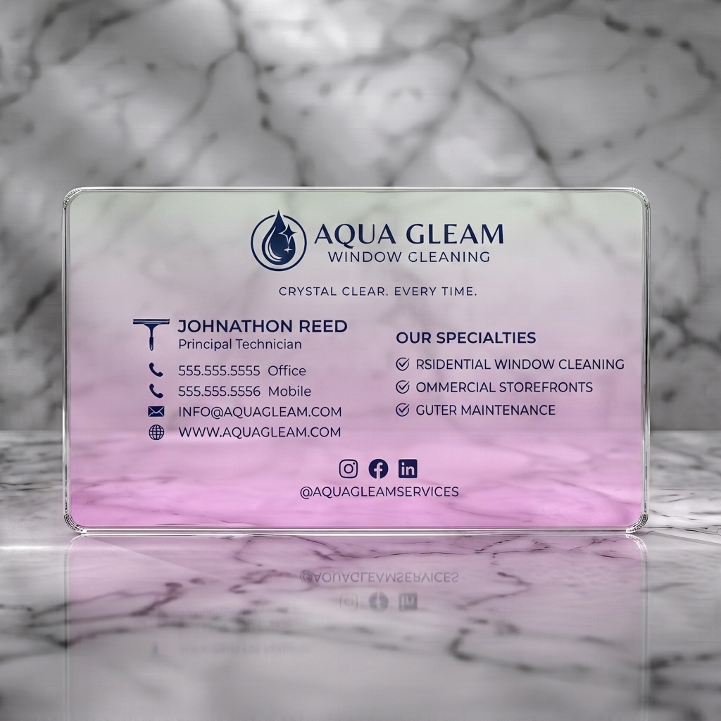 Clear plastic business card featuring a clean, modern aesthetic with a soft gradient finish, dark blue elements, sans-serif typography, and crisp icons