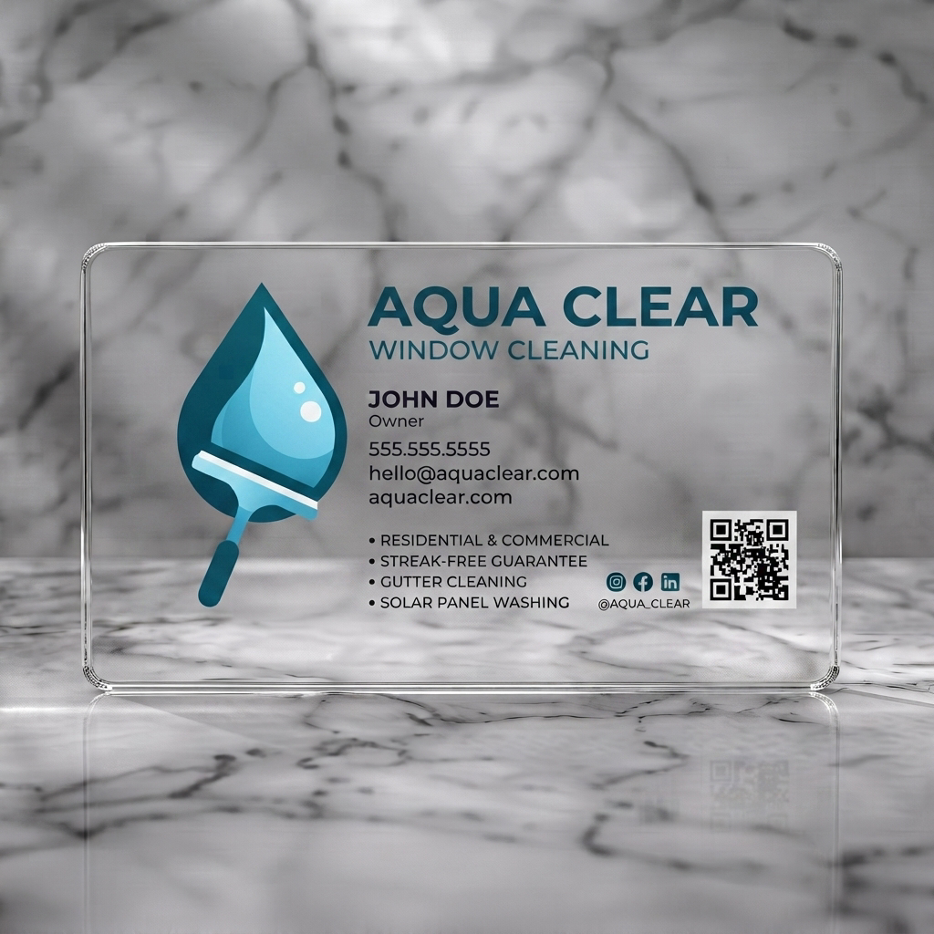 Clear plastic business card featuring modern, clean design with a water droplet-squeegee logo, teal & pink palette, sans-serif text, social icons & QR