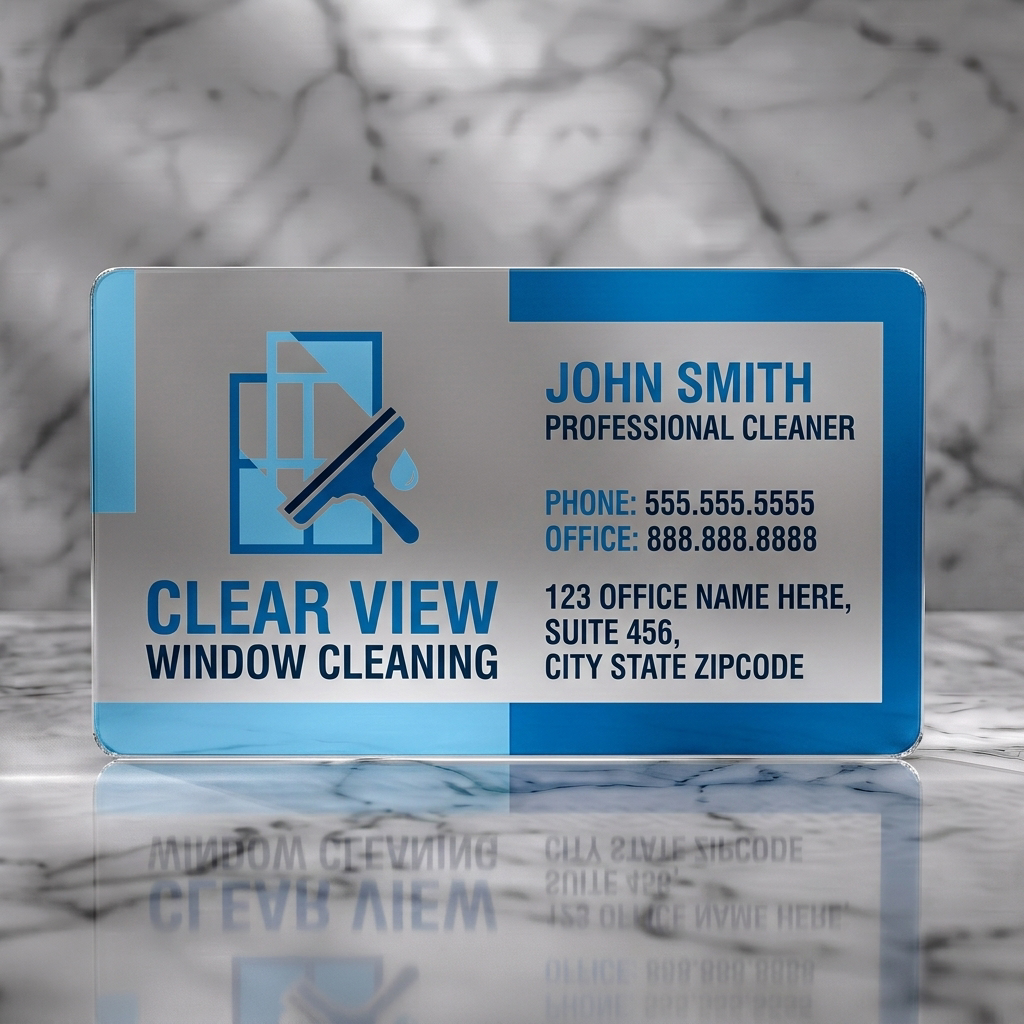 Frosted translucent plastic business card featuring modern, clean design with blue hues, window/squeegee icon, and clear sans-serif typography
