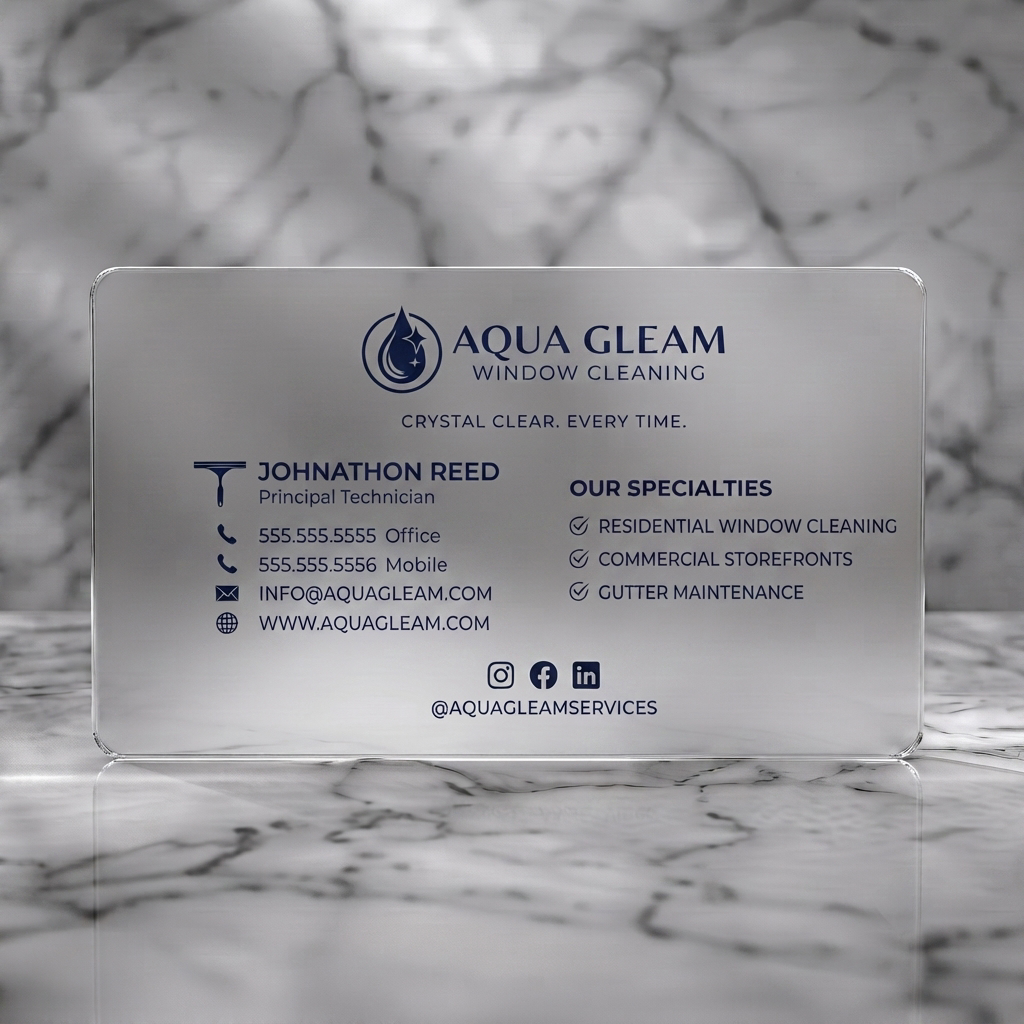 Frosted translucent plastic business card featuring a clean, modern aesthetic with a soft gradient finish, dark blue elements, sans-serif typography, and crisp icons