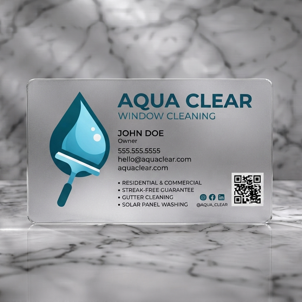 Frosted translucent plastic business card featuring modern, clean design with a water droplet-squeegee logo, teal & pink palette, sans-serif text, social icons & QR