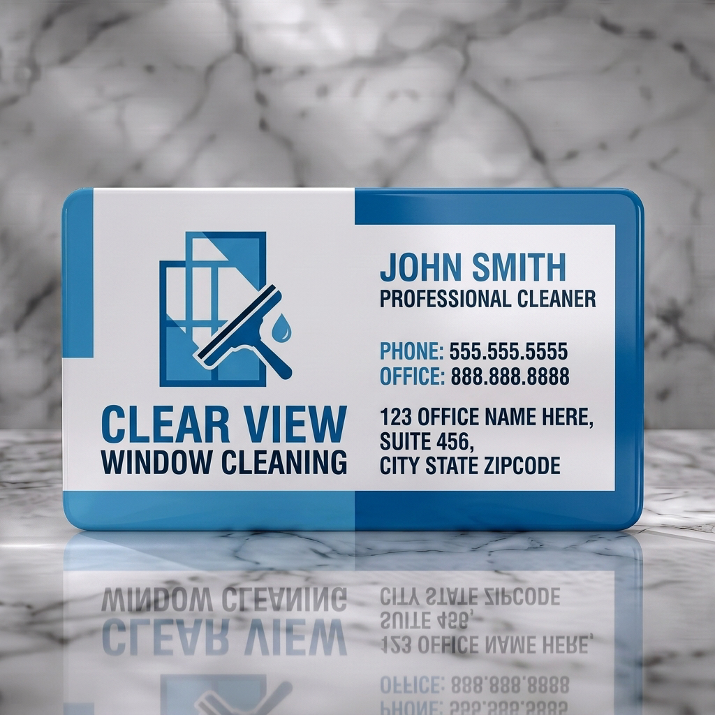 Solid white PVC business card featuring modern, clean design with blue hues, window/squeegee icon, and clear sans-serif typography