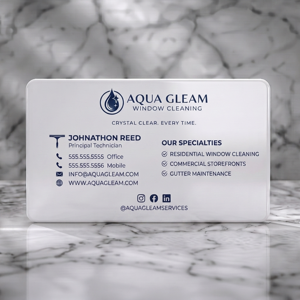 Solid white PVC business card featuring a clean, modern aesthetic with a soft gradient finish, dark blue elements, sans-serif typography, and crisp icons