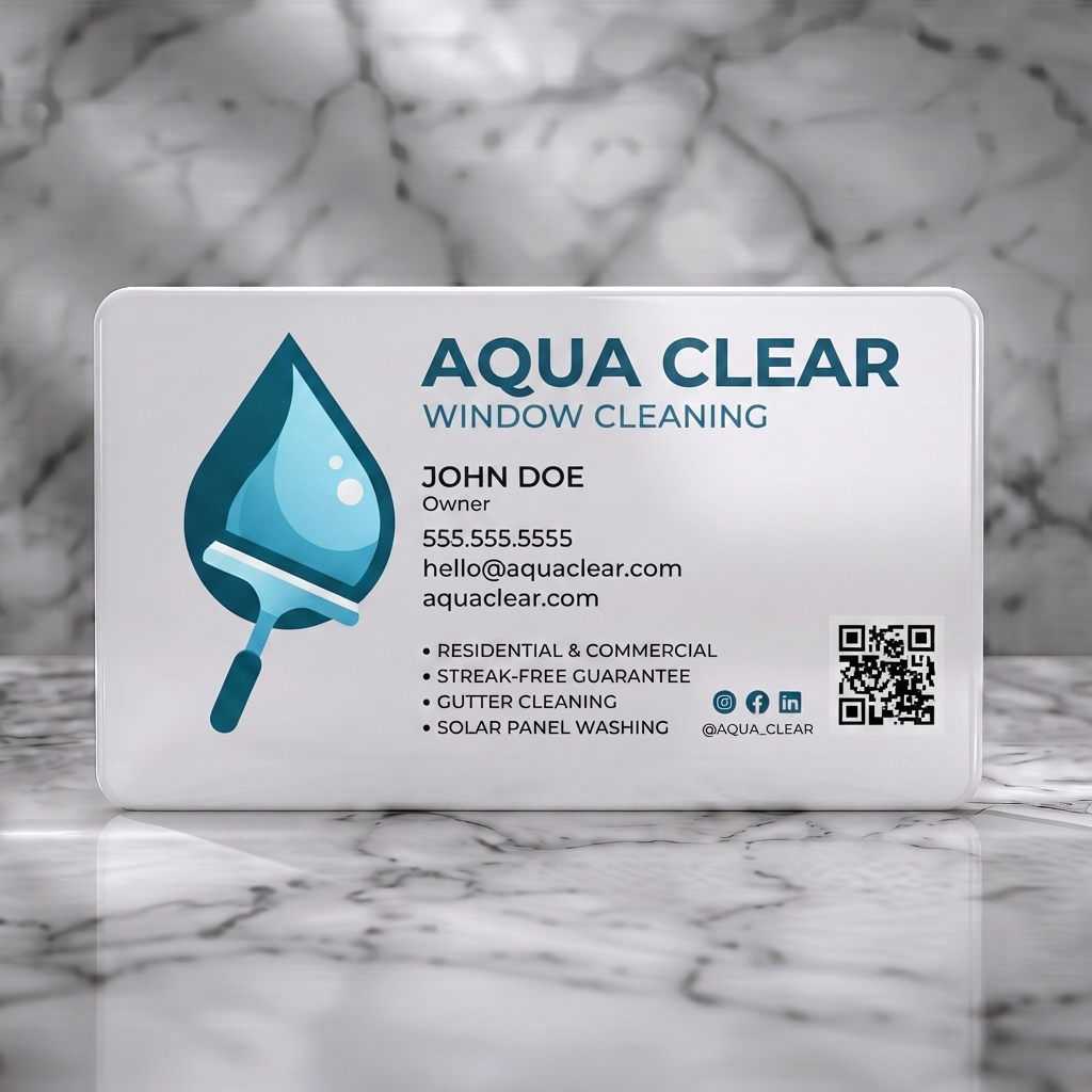 Solid white PVC business card featuring modern, clean design with a water droplet-squeegee logo, teal & pink palette, sans-serif text, social icons & QR