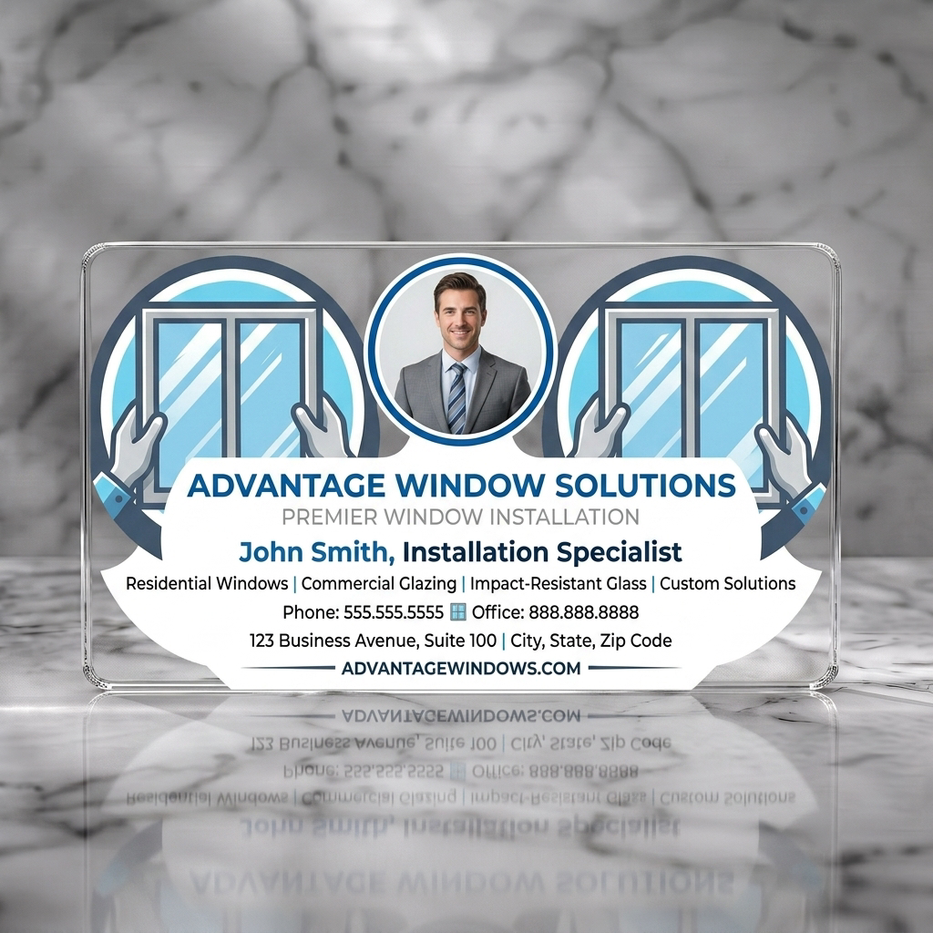 Clear plastic business card featuring a professional blue and white layout, central photo, illustrative window icons, and clear sans-serif typography