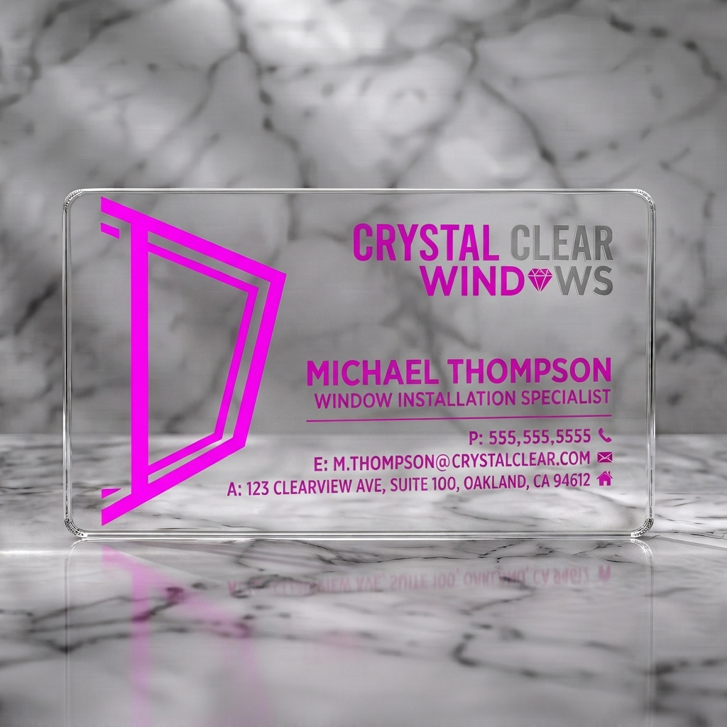 Clear plastic business card featuring clean navy and white design, sans-serif text, window graphic, diamond, and contact icons
