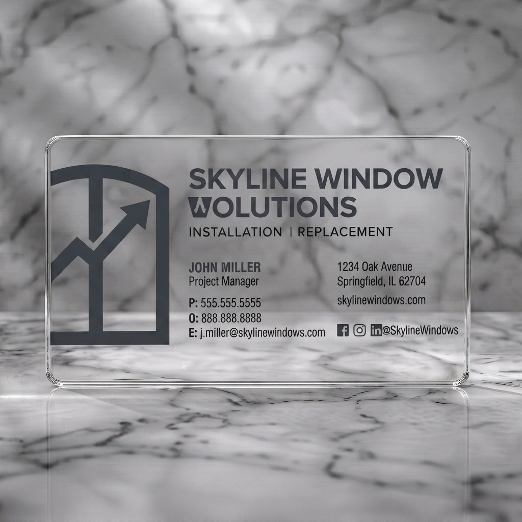 Clear plastic business card featuring modern design, dark gray branding, bold sans-serif typography, a window-arrow logo, and social icons