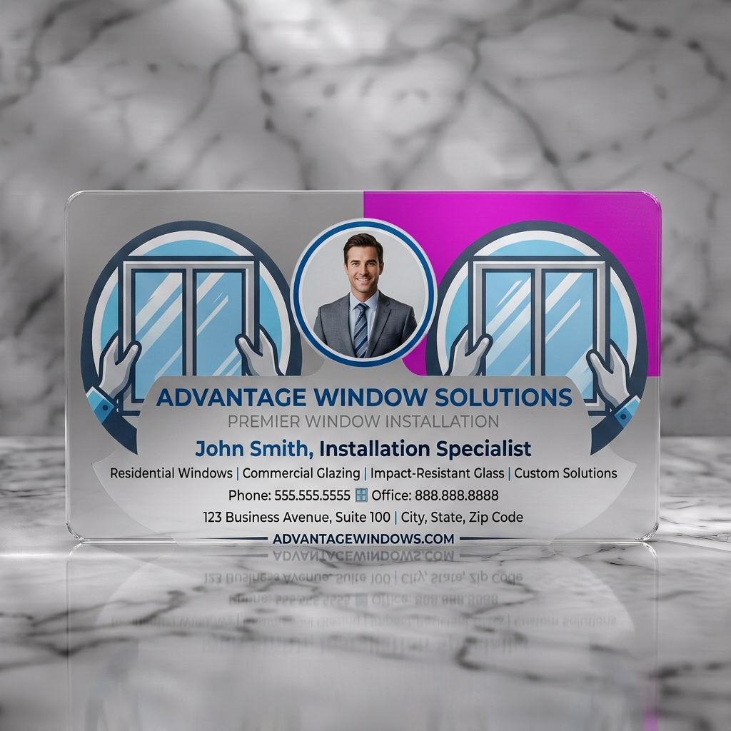 Frosted translucent plastic business card featuring a professional blue and white layout, central photo, illustrative window icons, and clear sans-serif typography
