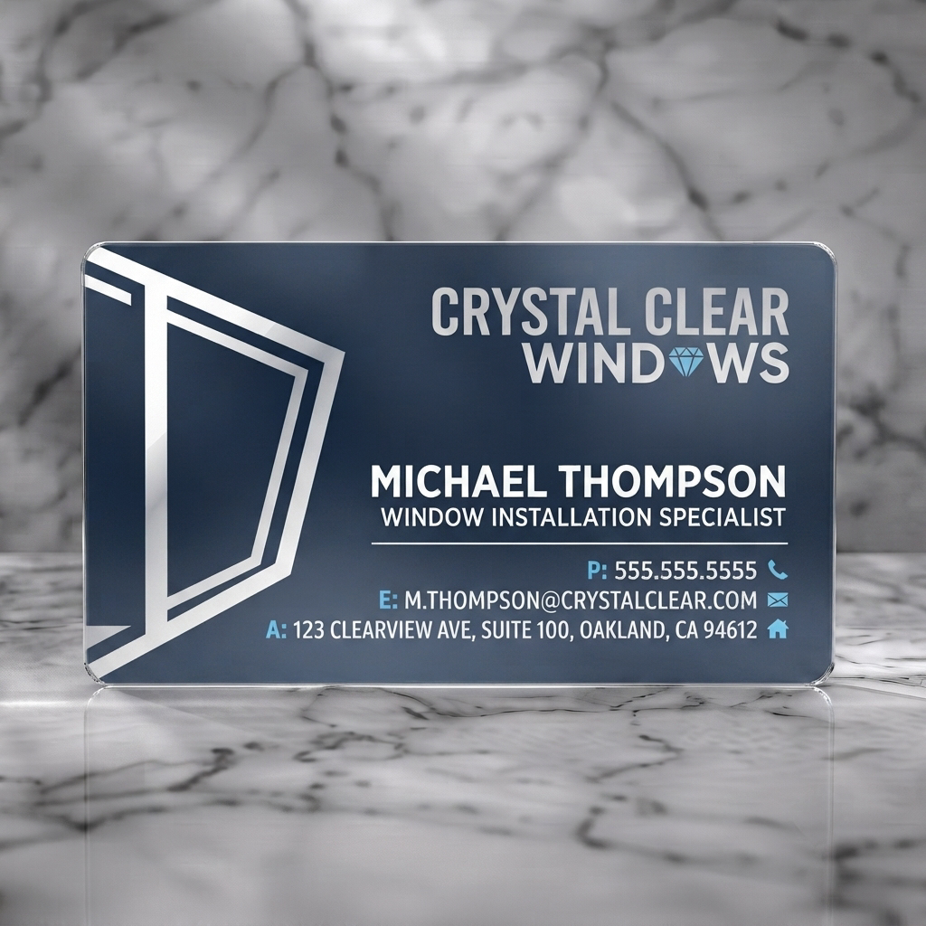 Frosted translucent plastic business card featuring clean navy and white design, sans-serif text, window graphic, diamond, and contact icons