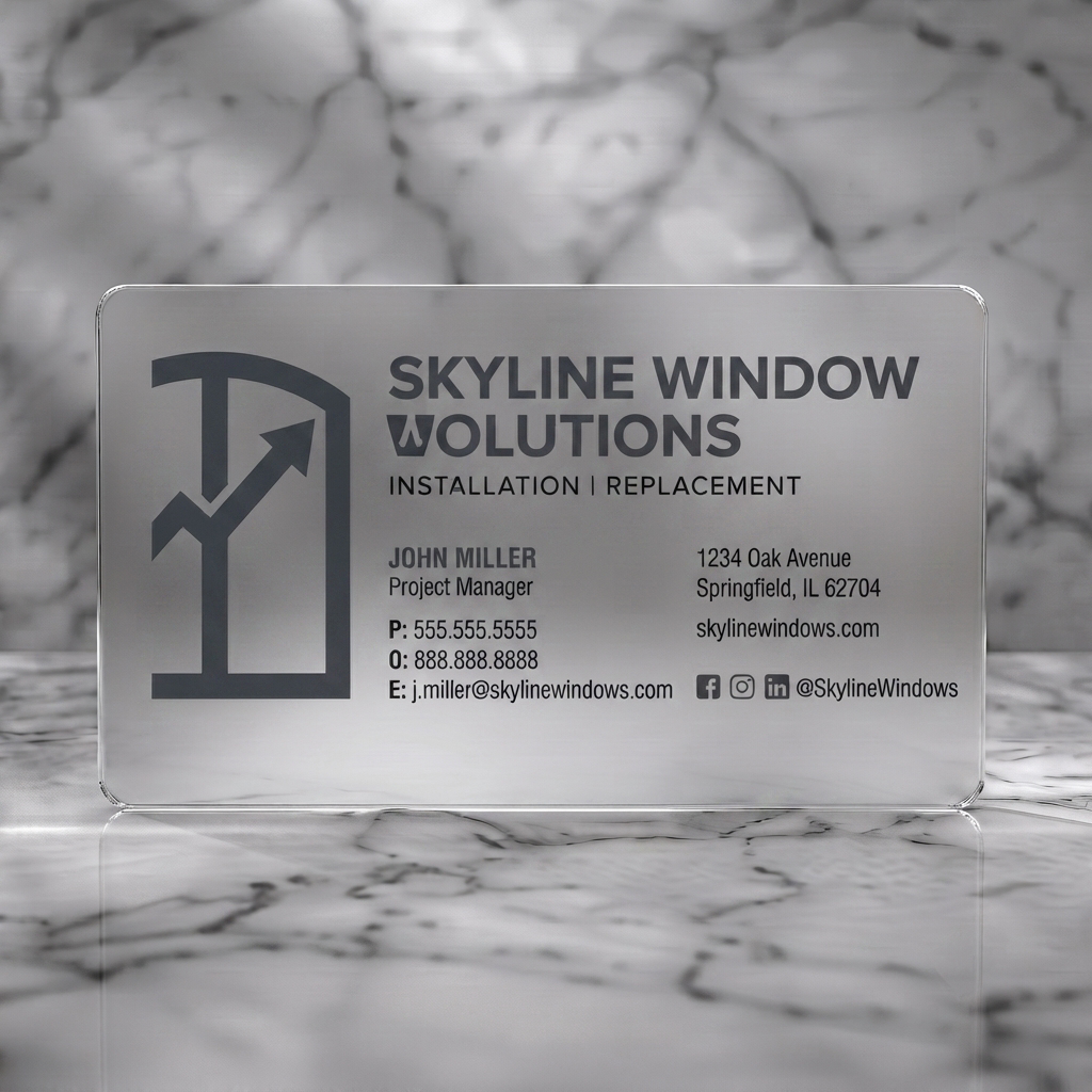 Frosted translucent plastic business card featuring modern design, dark gray branding, bold sans-serif typography, a window-arrow logo, and social icons